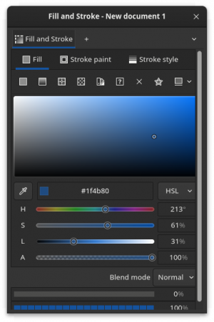 The new Fill and Stroke Dialog in Inkscape 1.5 with the Color Map module selecting a shade of blue